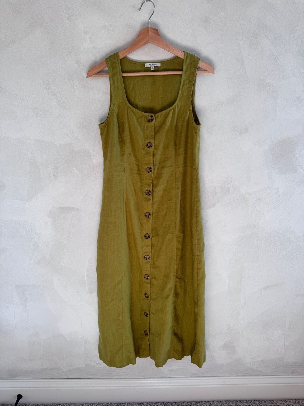 Madewell - Sleeveless Olive Green Button-Front Linen Dress